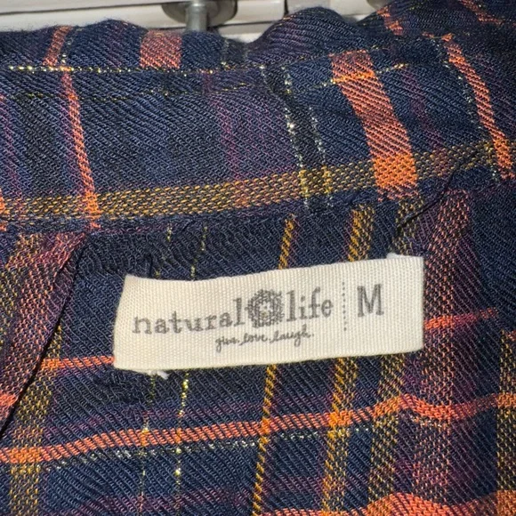 NATURAL LIFE Navy and Orange Plaid Long Sleeve Dress With Gold Thread (Rare) - Picture 6 of 7